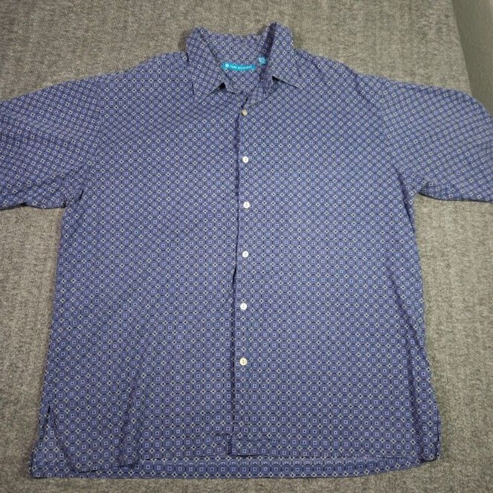 Tori Richard Shirt Mens XL Blue Geometric Cotton Lawn Blue Label Aloha Button Up